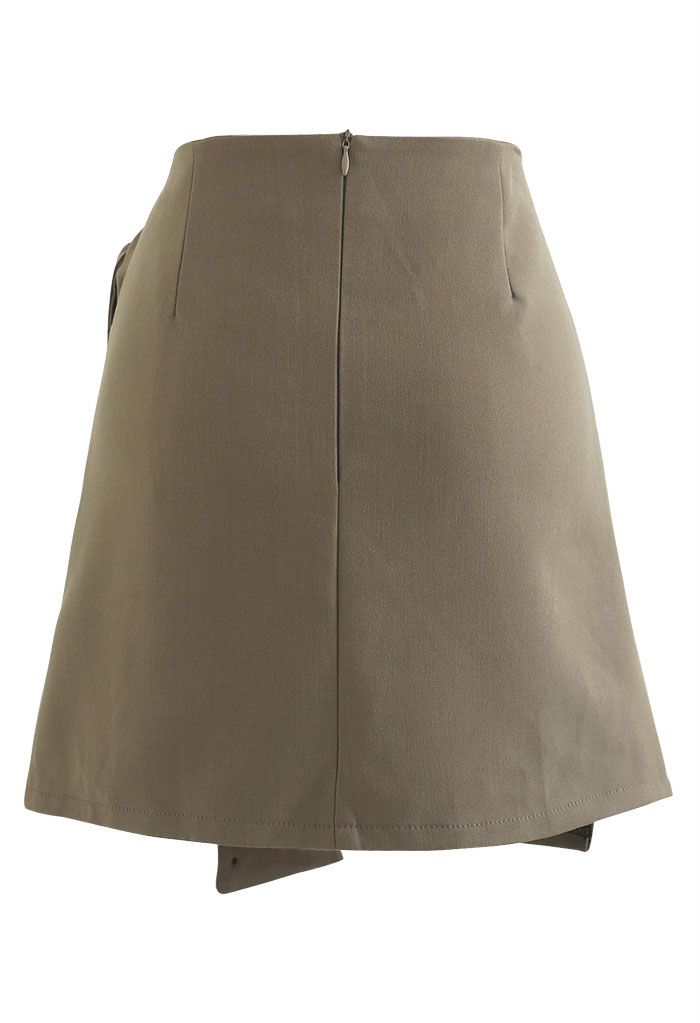 Tie Waist Flap Front Mini Skirt in Khaki