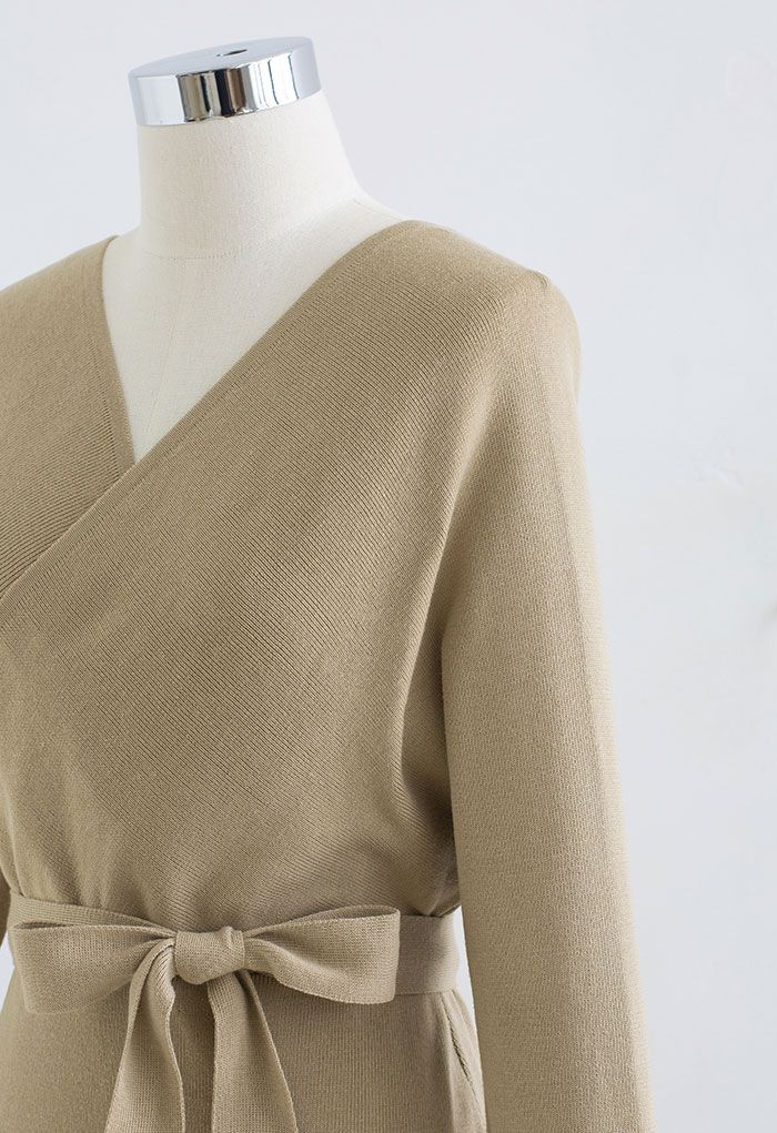 Batwing Sleeve Wrapped Midi Knit Dress in Camel