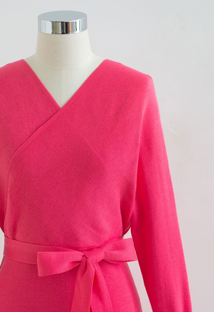 Batwing Sleeve Wrapped Midi Knit Dress in Hot Pink