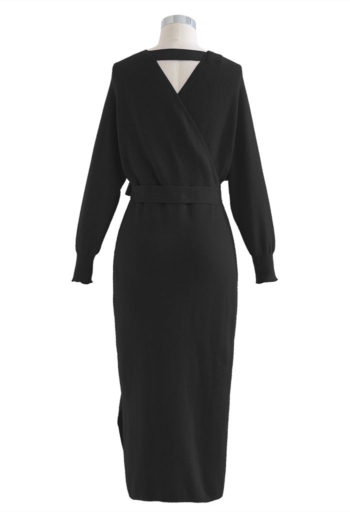 Batwing Sleeve Wrapped Midi Knit Dress in Black