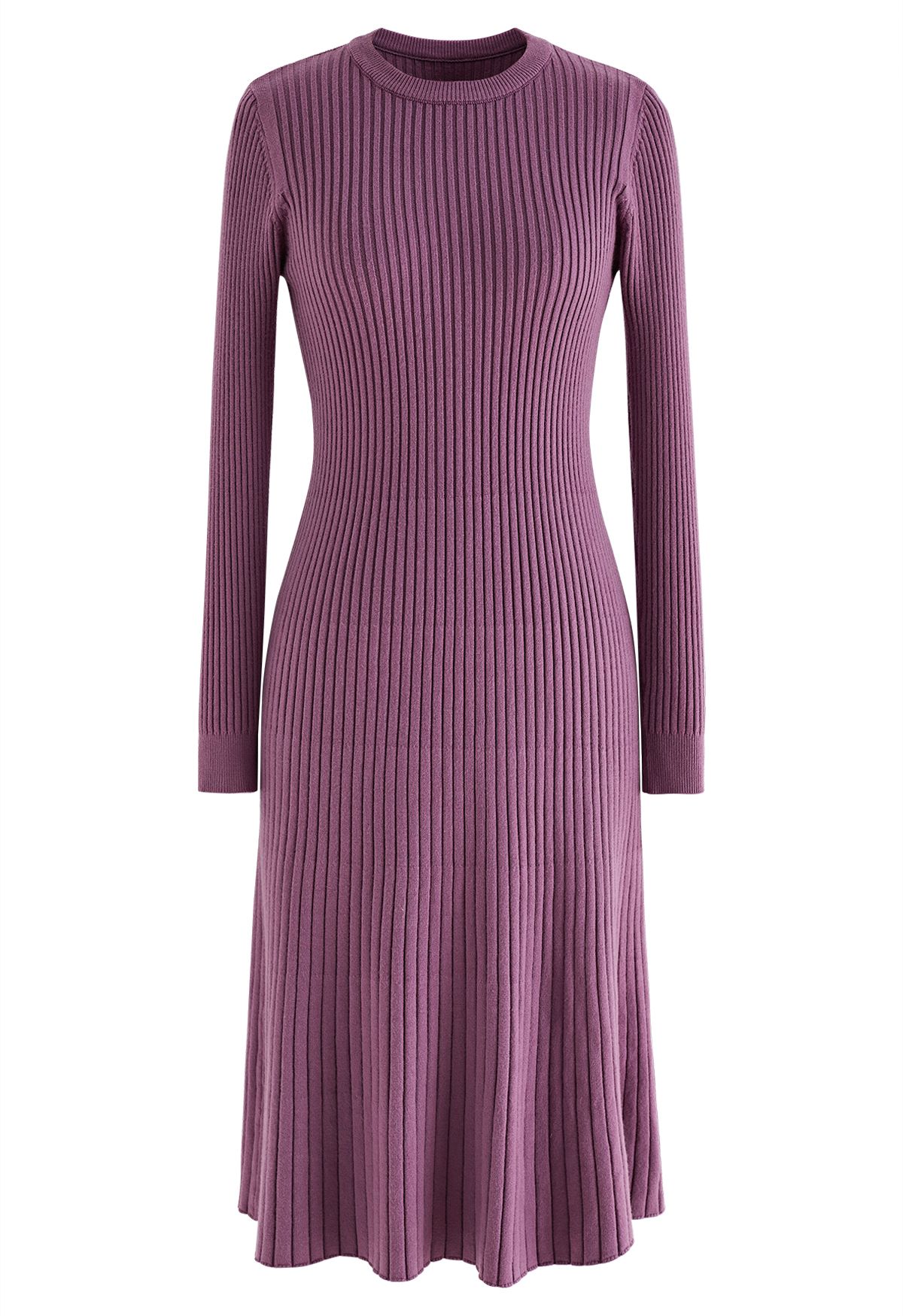 Ribbed Texture Frilling Midi Dress in Purple