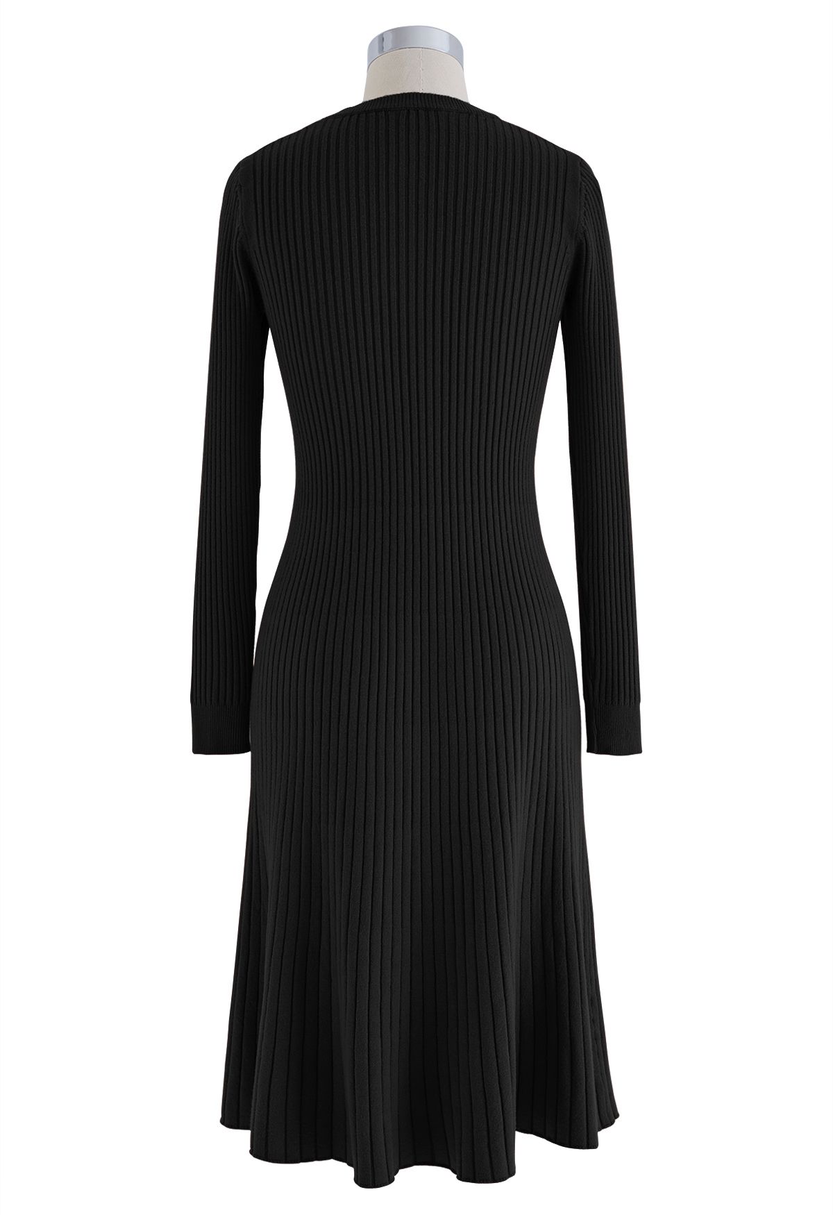 Ribbed Texture Frilling Midi Dress in Black