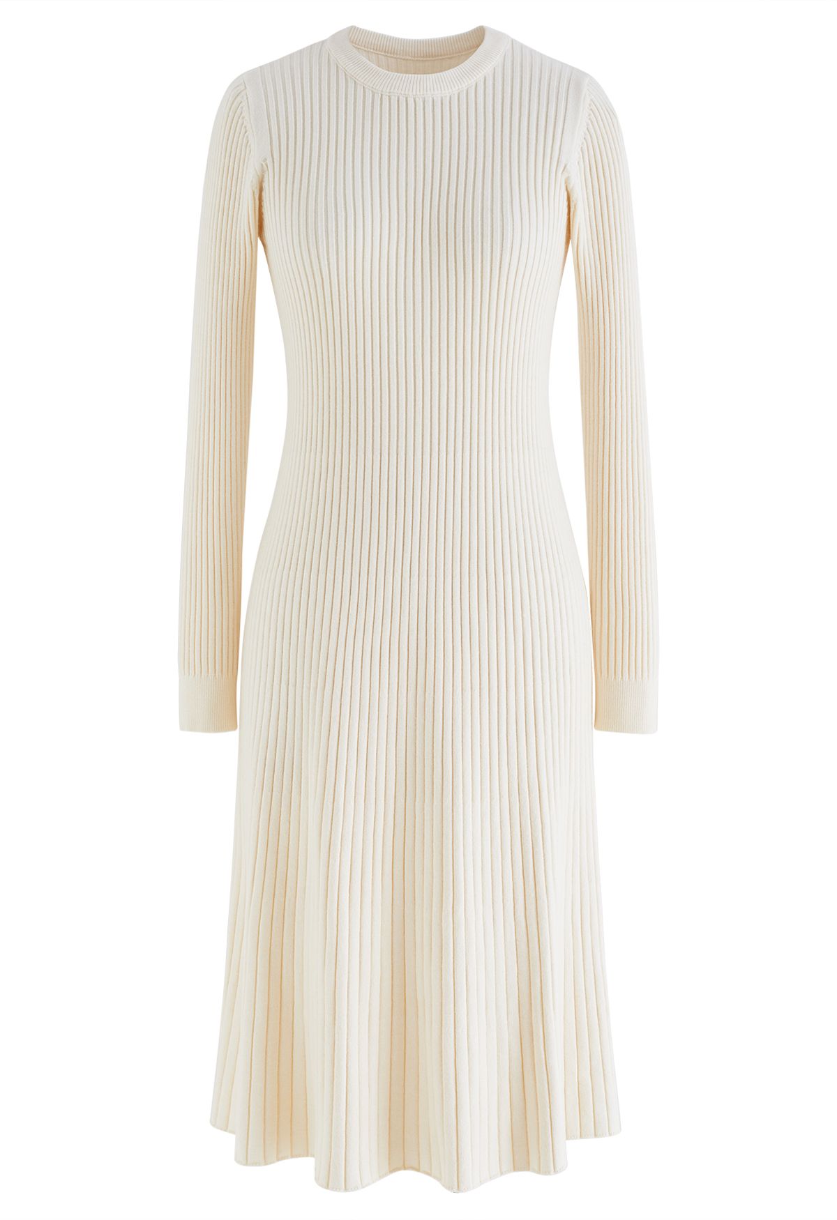 Ribbed Texture Frilling Midi Dress in Cream