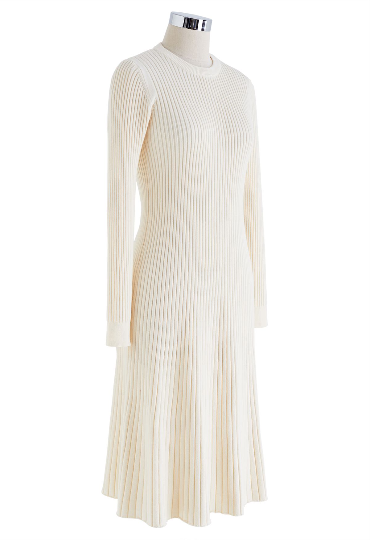 Ribbed Texture Frilling Midi Dress in Cream