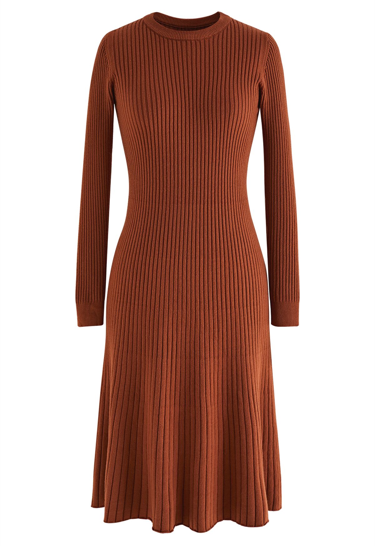 Ribbed Texture Frilling Midi Dress in Caramel