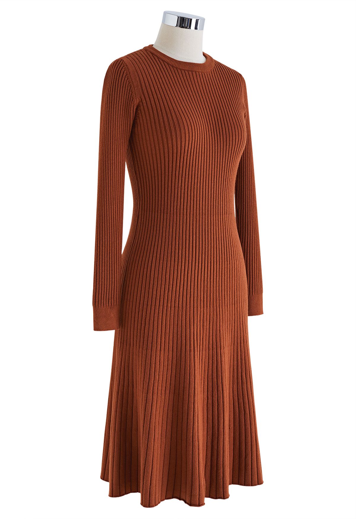 Ribbed Texture Frilling Midi Dress in Caramel