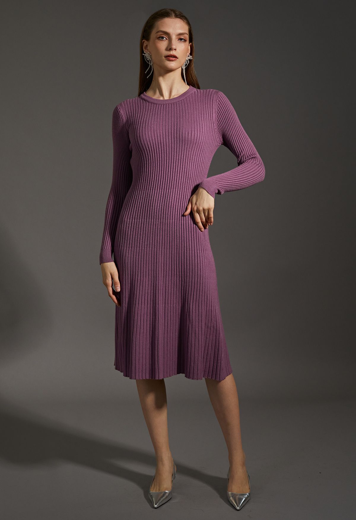 Ribbed Texture Frilling Midi Dress in Purple