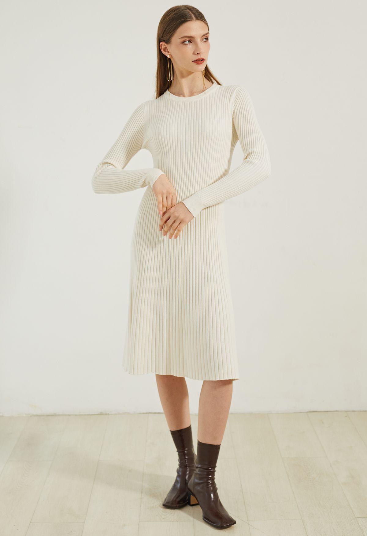 Ribbed Texture Frilling Midi Dress in Cream