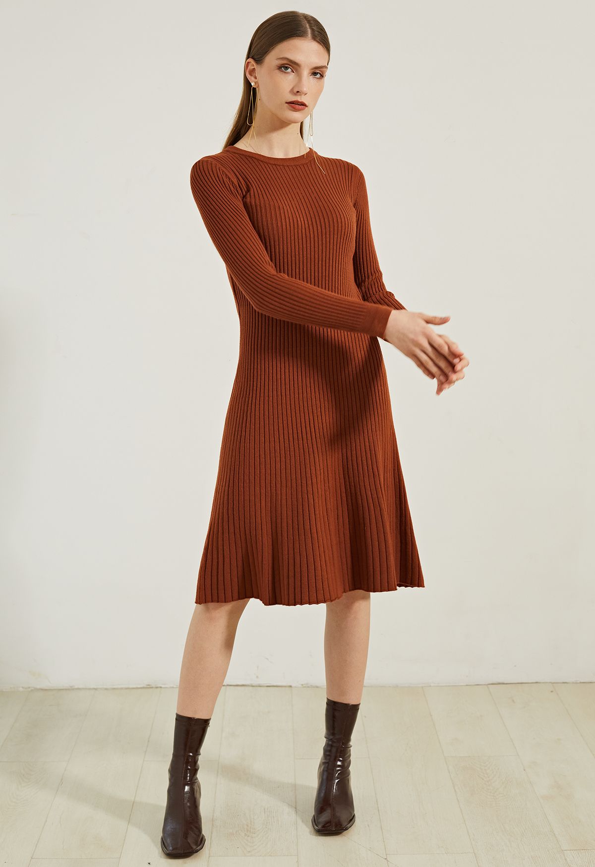 Ribbed Texture Frilling Midi Dress in Caramel