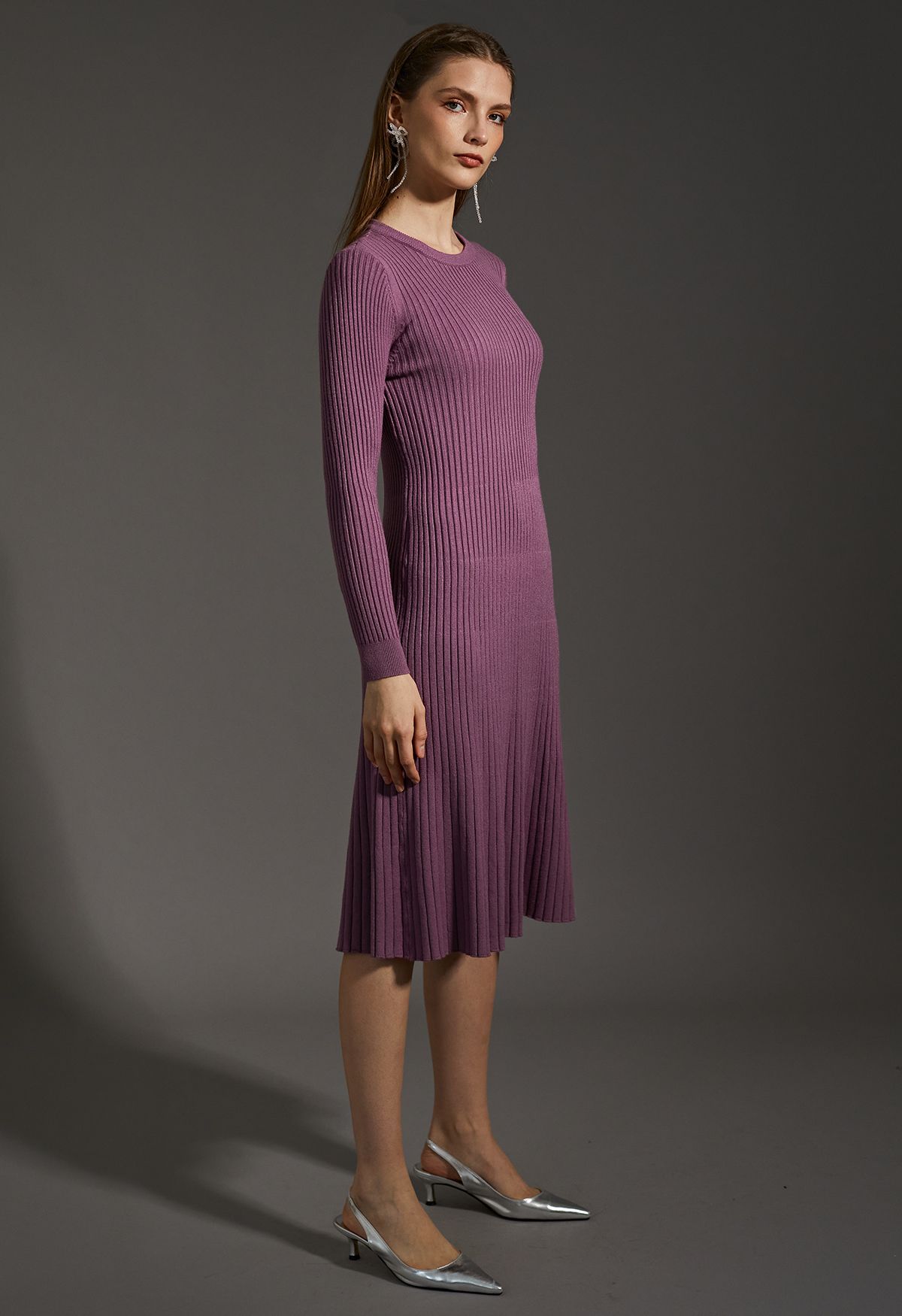 Ribbed Texture Frilling Midi Dress in Purple