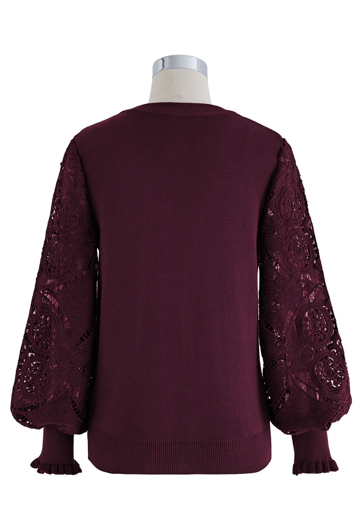 Floral Crochet Sleeve Knit Top in Burgundy