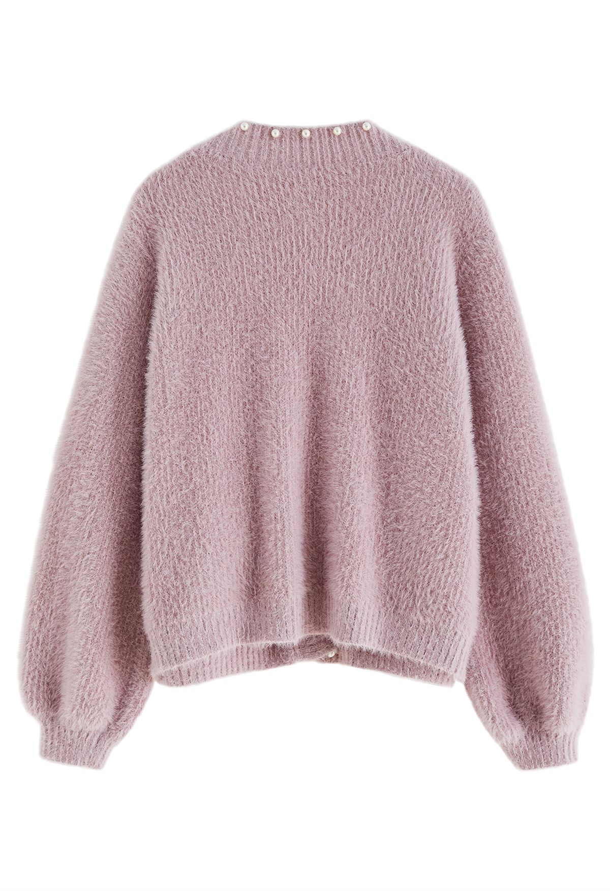 Pearls Trim Pocket Fuzzy Knit Cardigan in Dusty Pink