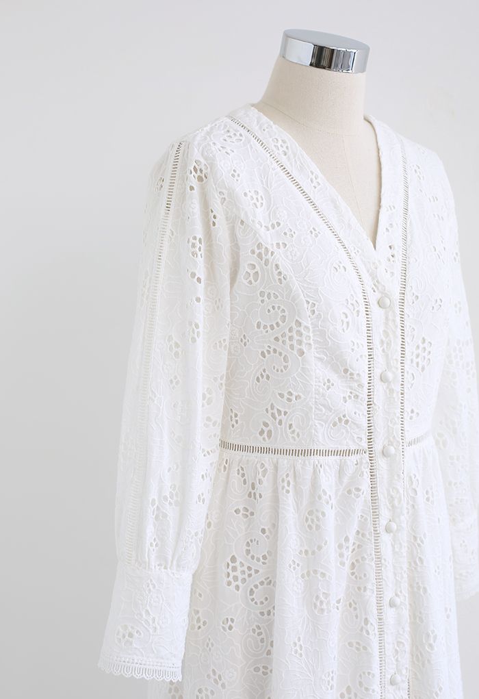 Solid White Embroidery Eyelet Midi Dress