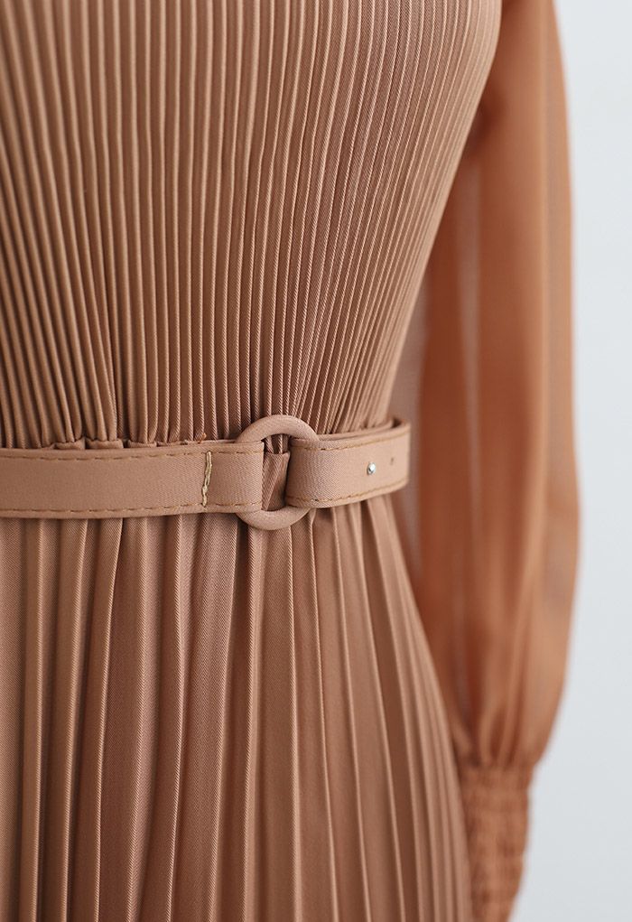 Full Pleated Belted Maxi Dress in Tan