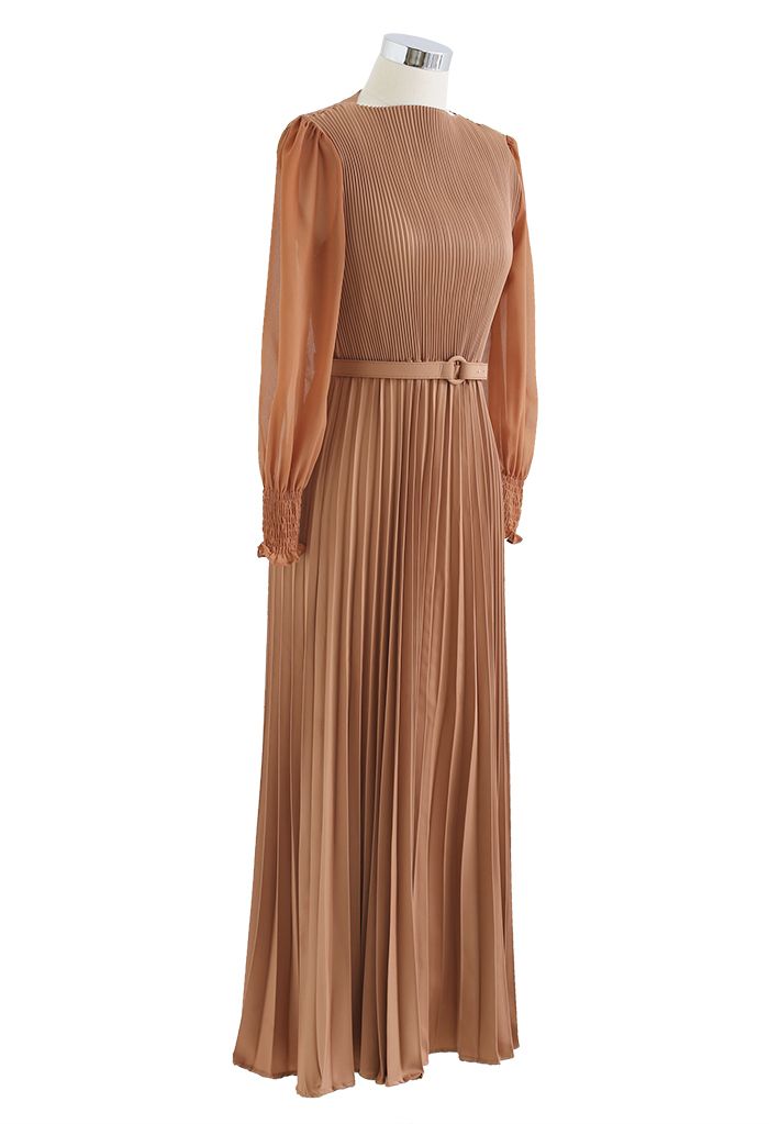 Full Pleated Belted Maxi Dress in Tan