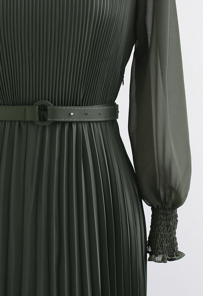 Full Pleated Belted Maxi Dress in Dark Green