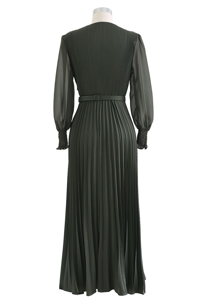 Full Pleated Belted Maxi Dress in Dark Green