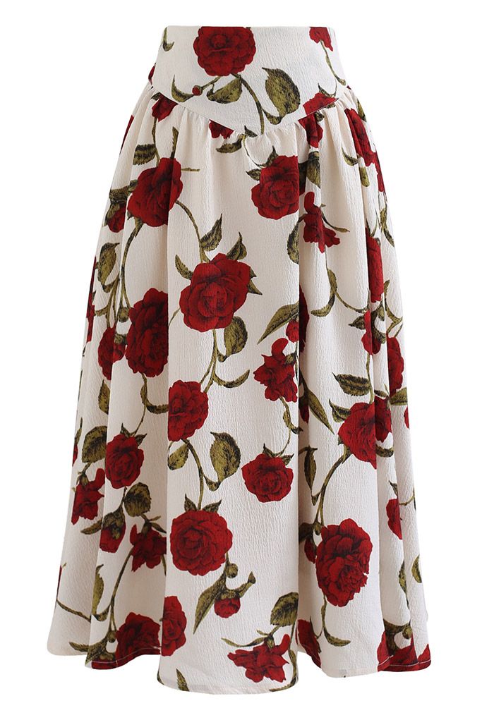 Serene Red Rose Embossed Flare Midi Skirt