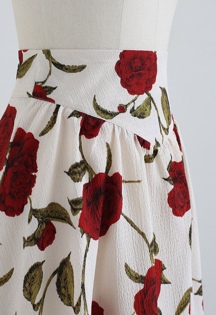 Serene Red Rose Embossed Flare Midi Skirt