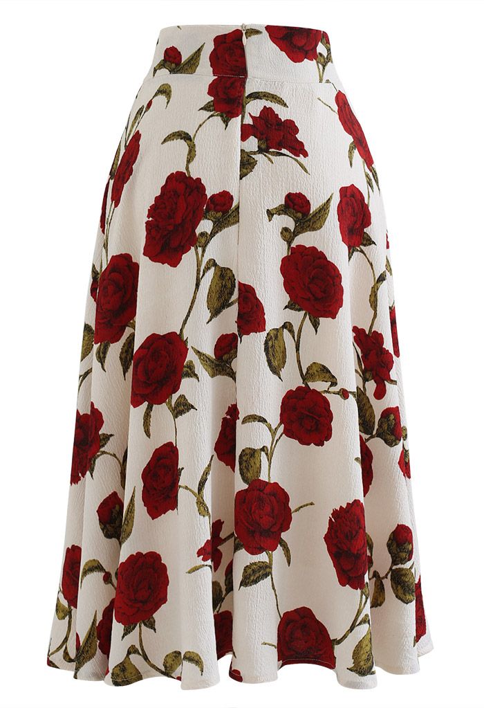 Serene Red Rose Embossed Flare Midi Skirt