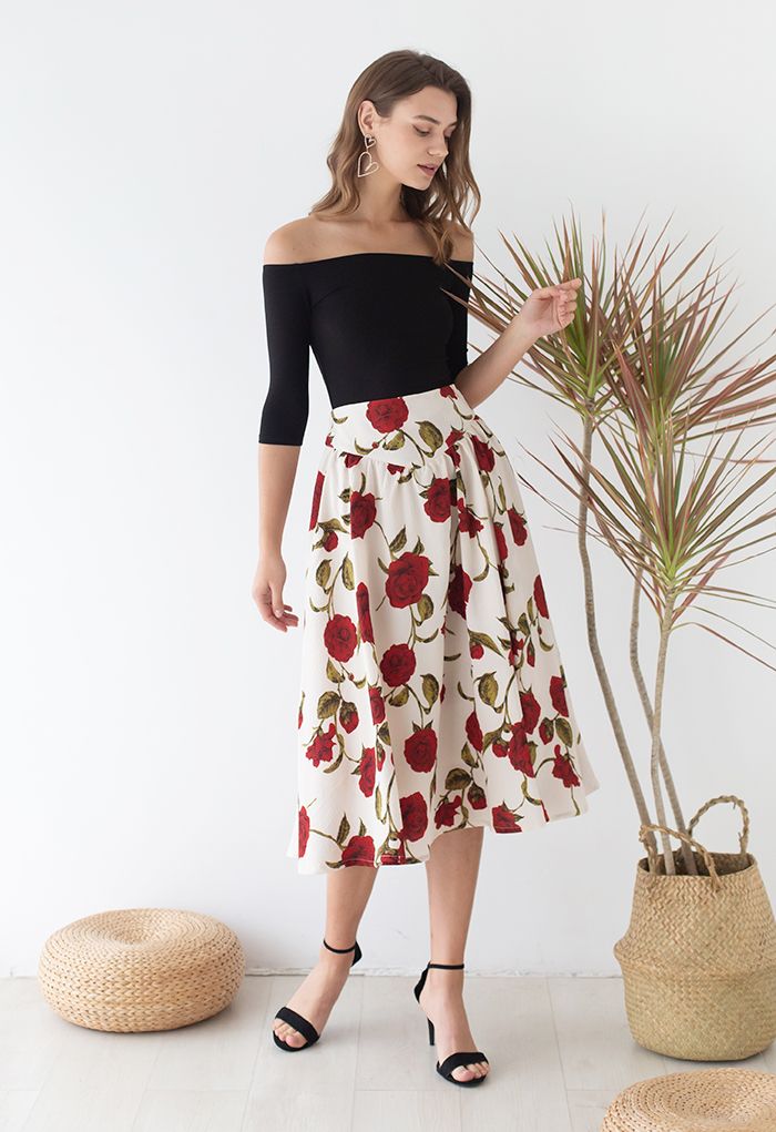 Serene Red Rose Embossed Flare Midi Skirt