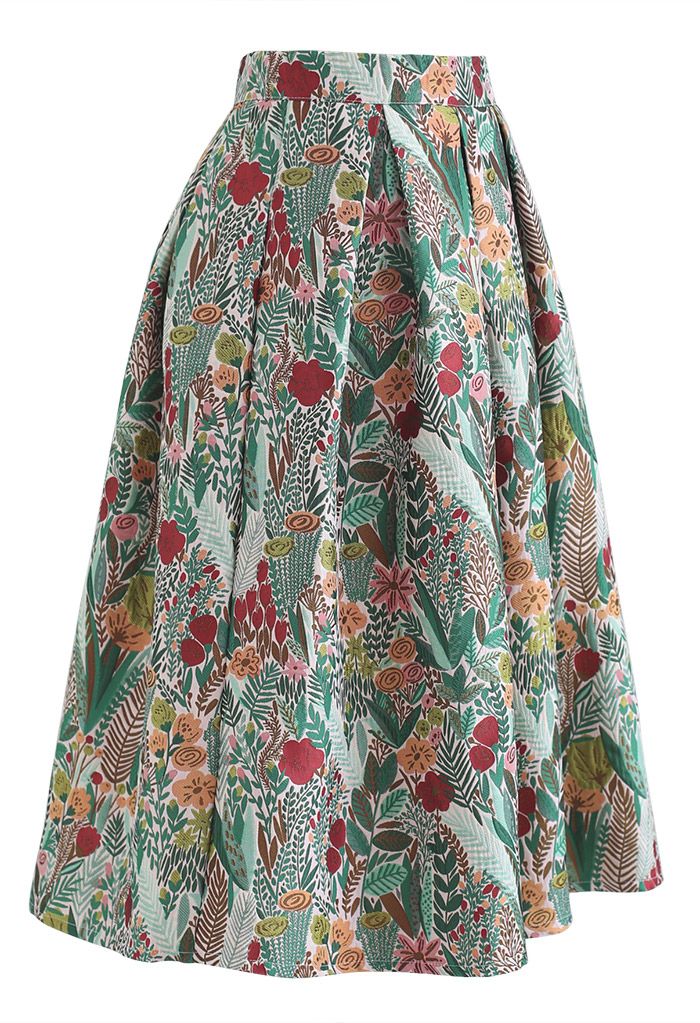 Spring Scenery Jacquard Pleated Midi Skirt