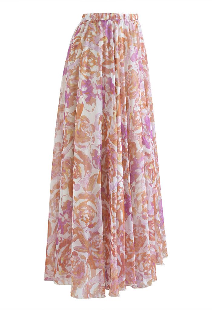 Rose Painting Chiffon Maxi Skirt