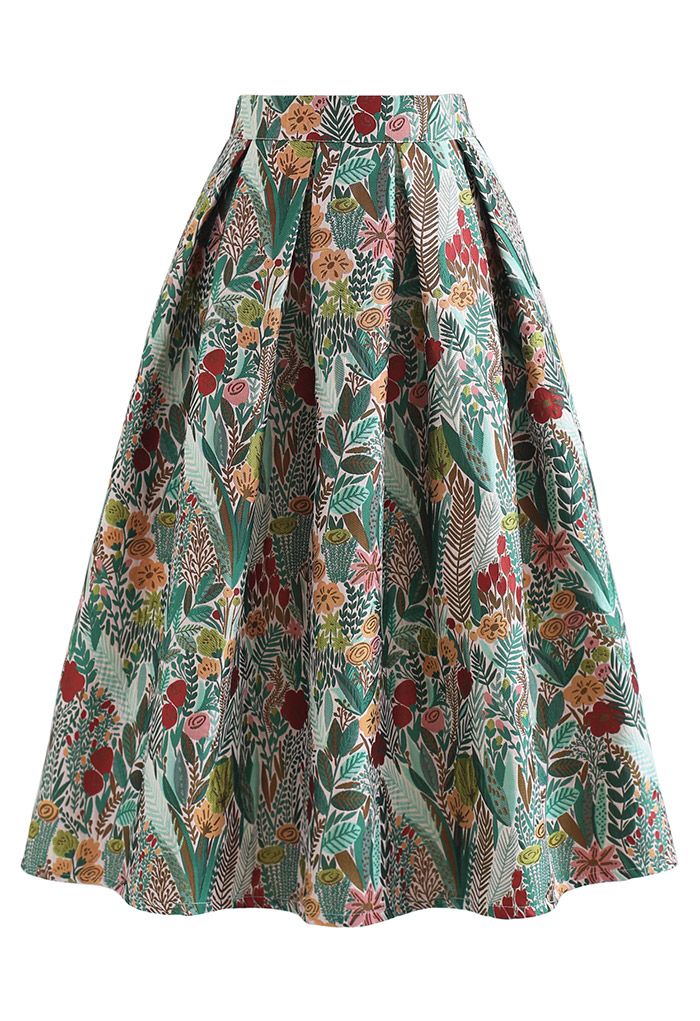 Spring Scenery Jacquard Pleated Midi Skirt