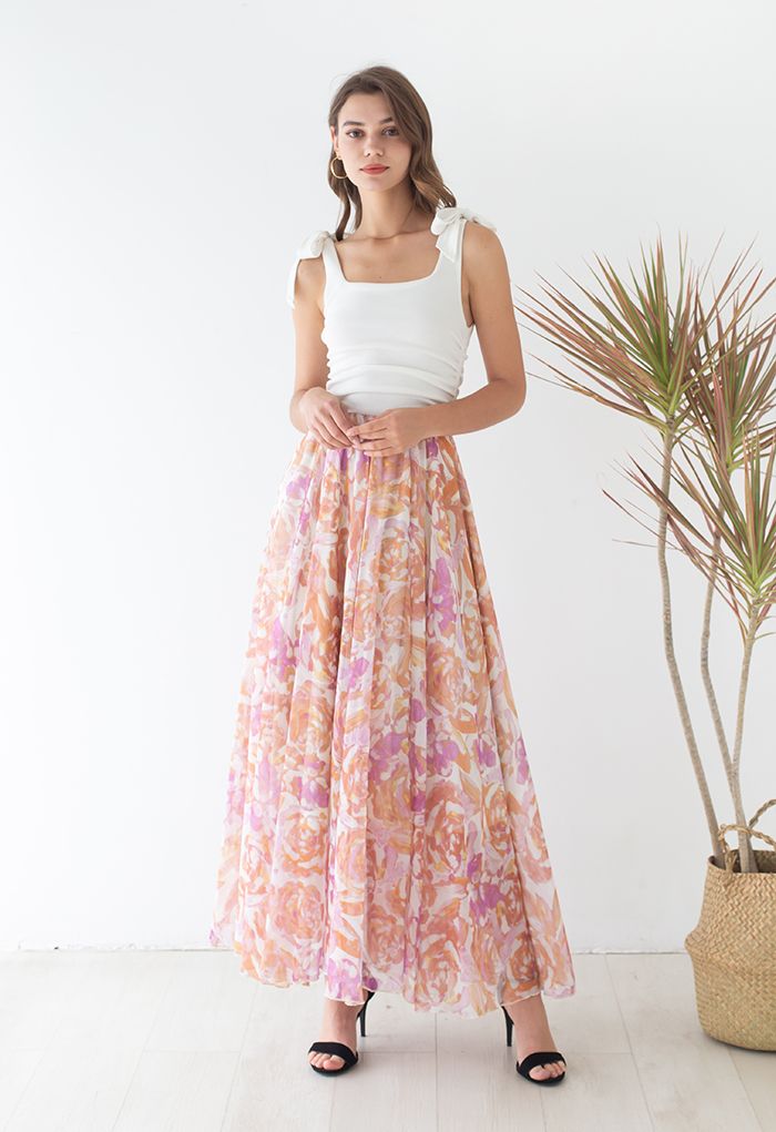 Rose Painting Chiffon Maxi Skirt