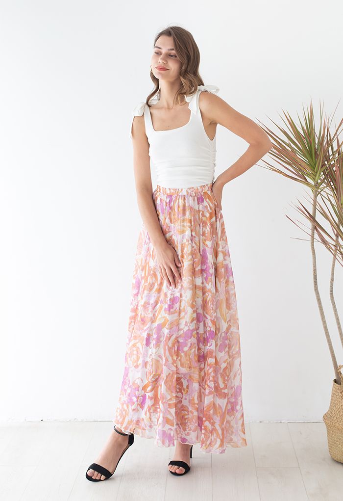 Rose Painting Chiffon Maxi Skirt