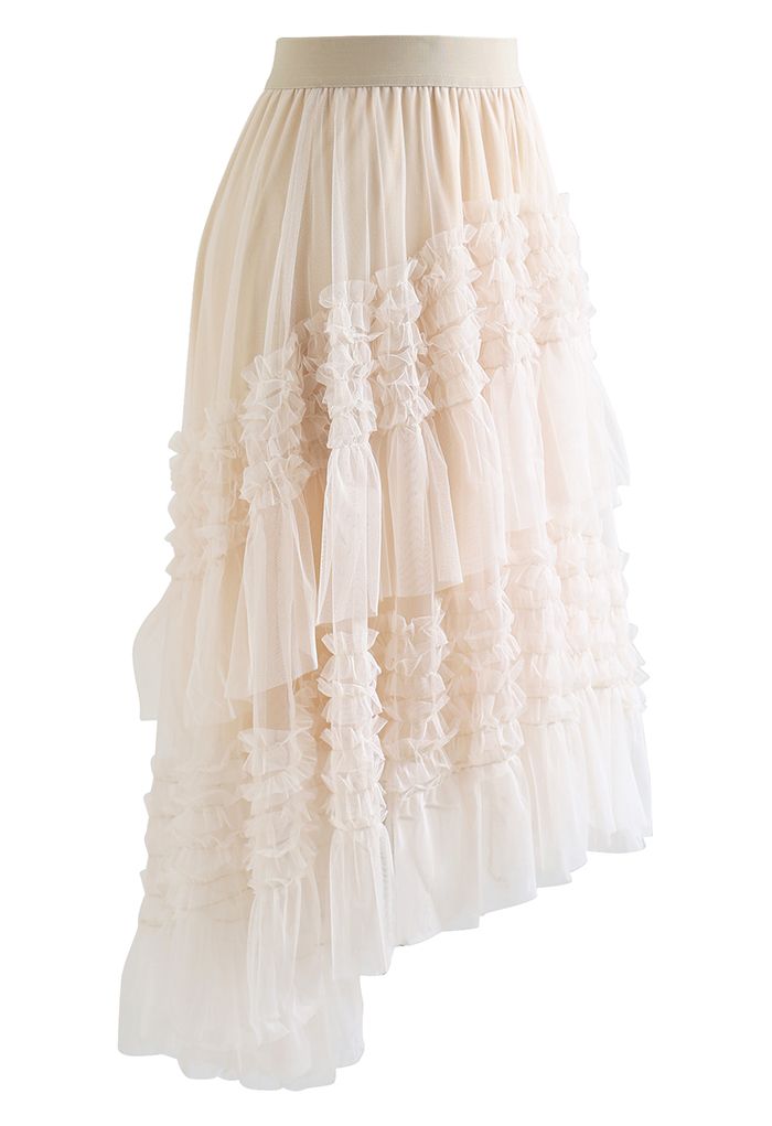 Ruffle Tiered Hi-Lo Mesh Tulle Skirt in Cream