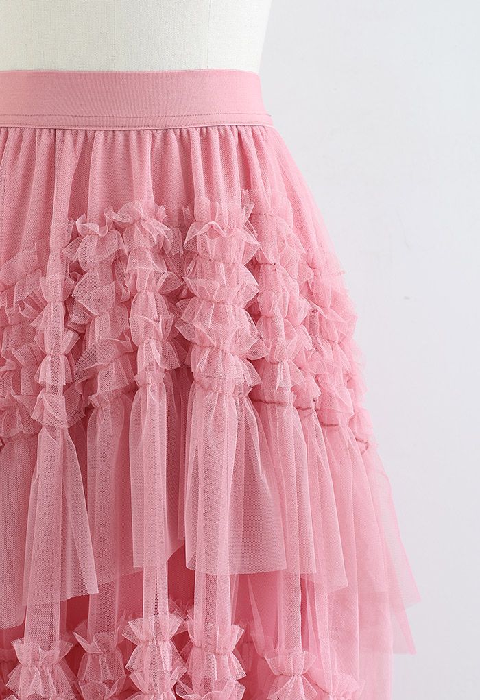 Ruffle Tiered Hi-Lo Mesh Tulle Skirt in Pink