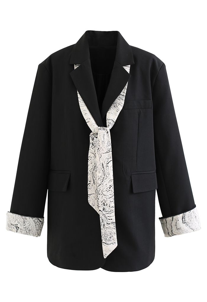 Marble Print Chiffon Scarf Button Down Blazer in Black