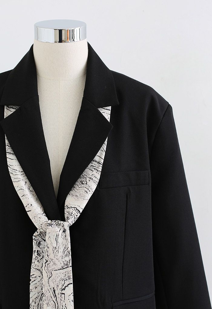 Marble Print Chiffon Scarf Button Down Blazer in Black