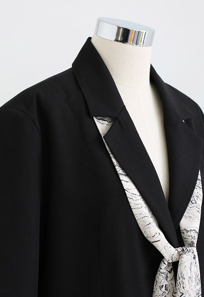 Marble Print Chiffon Scarf Button Down Blazer in Black