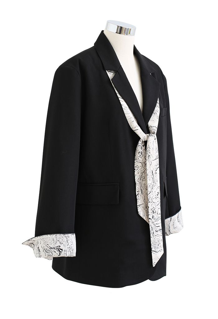 Marble Print Chiffon Scarf Button Down Blazer in Black