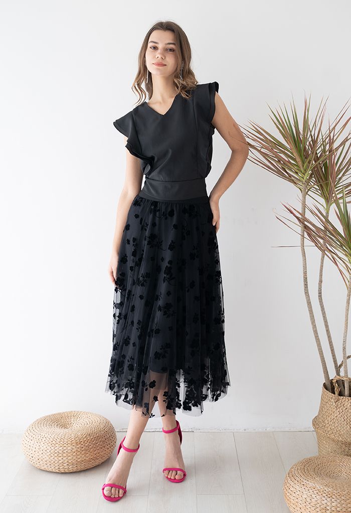 Bowknot Waist Sleeveless Ruffle Top in Black