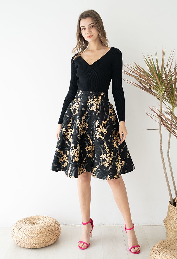 Harebell Embroidered Jacquard A-Line Midi Skirt in Black