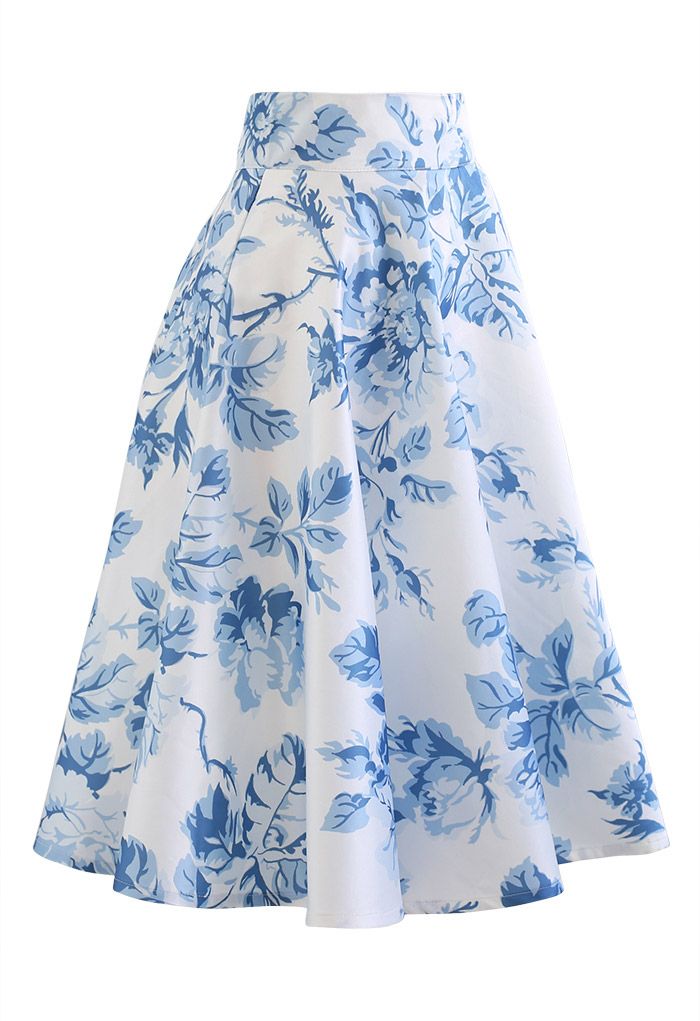 Blue Watercolor Peony Flare Midi Skirt