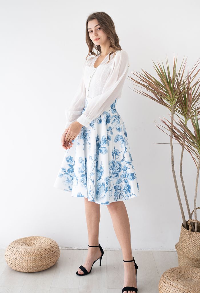 Blue Watercolor Peony Flare Midi Skirt