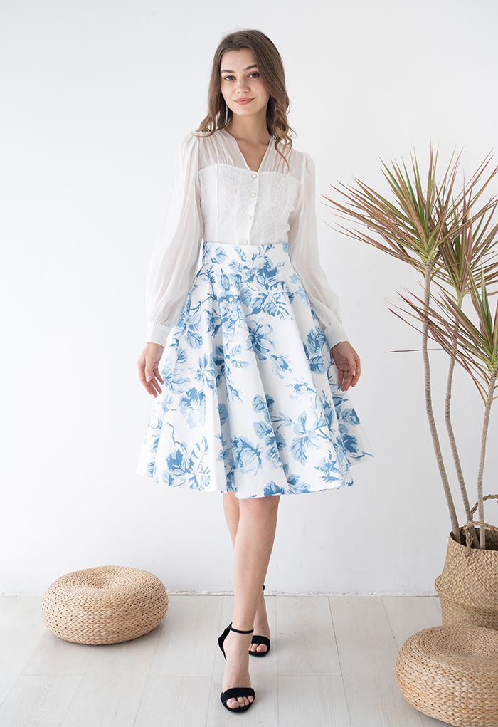 Blue Watercolor Peony Flare Midi Skirt