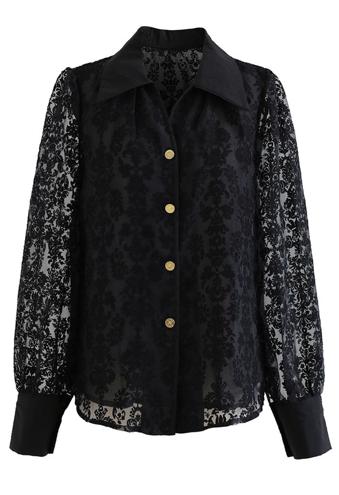 Floral Jacquard Semi-Sheer Organza Shirt in Black