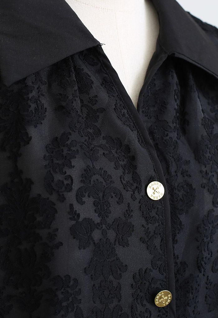 Floral Jacquard Semi-Sheer Organza Shirt in Black