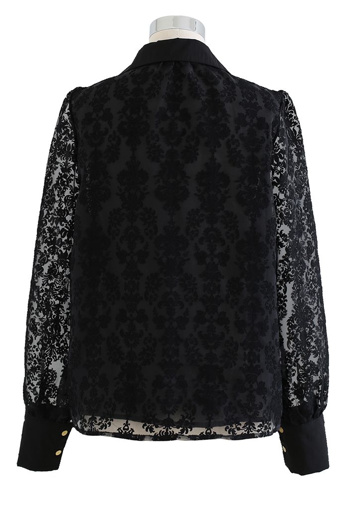 Floral Jacquard Semi-Sheer Organza Shirt in Black