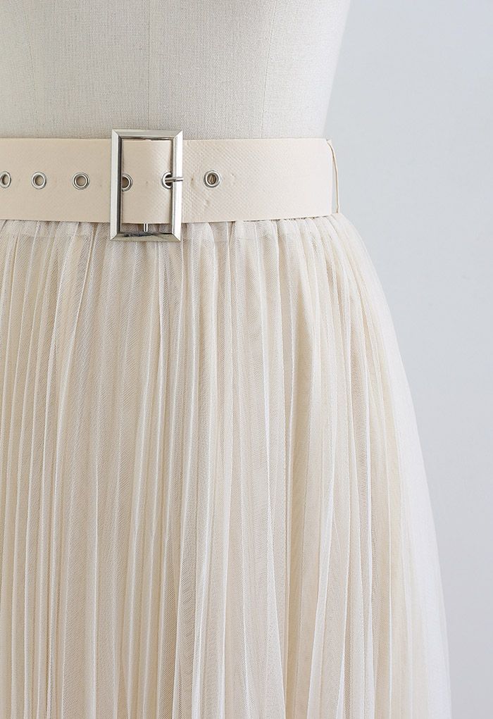 Full Pleated Double-Layered Mesh Midi Skirt in Cream