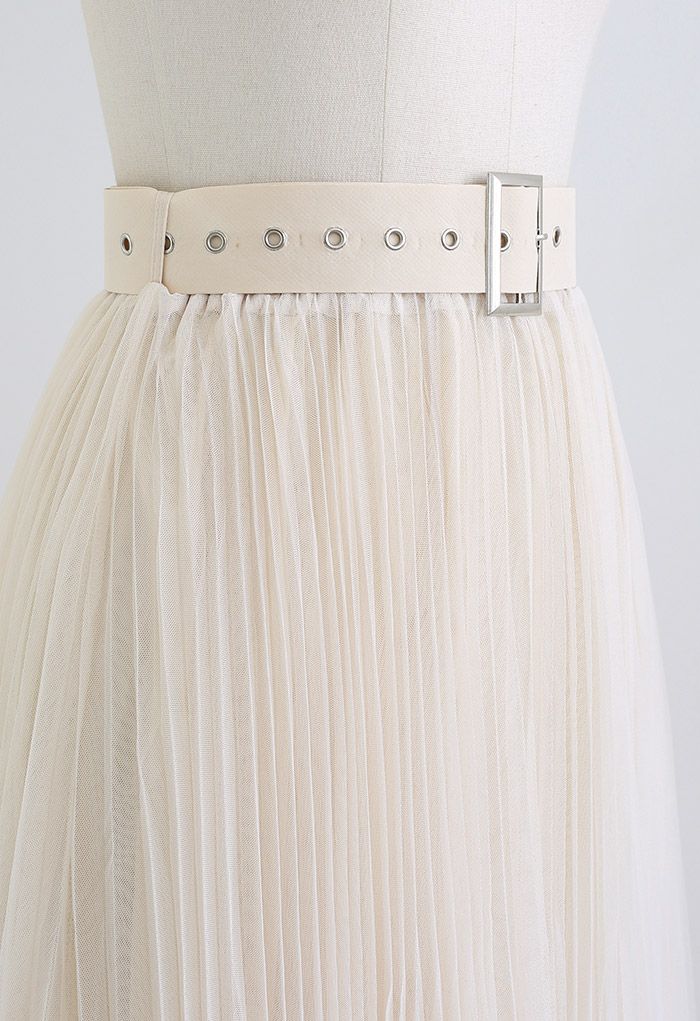 Full Pleated Double-Layered Mesh Midi Skirt in Cream