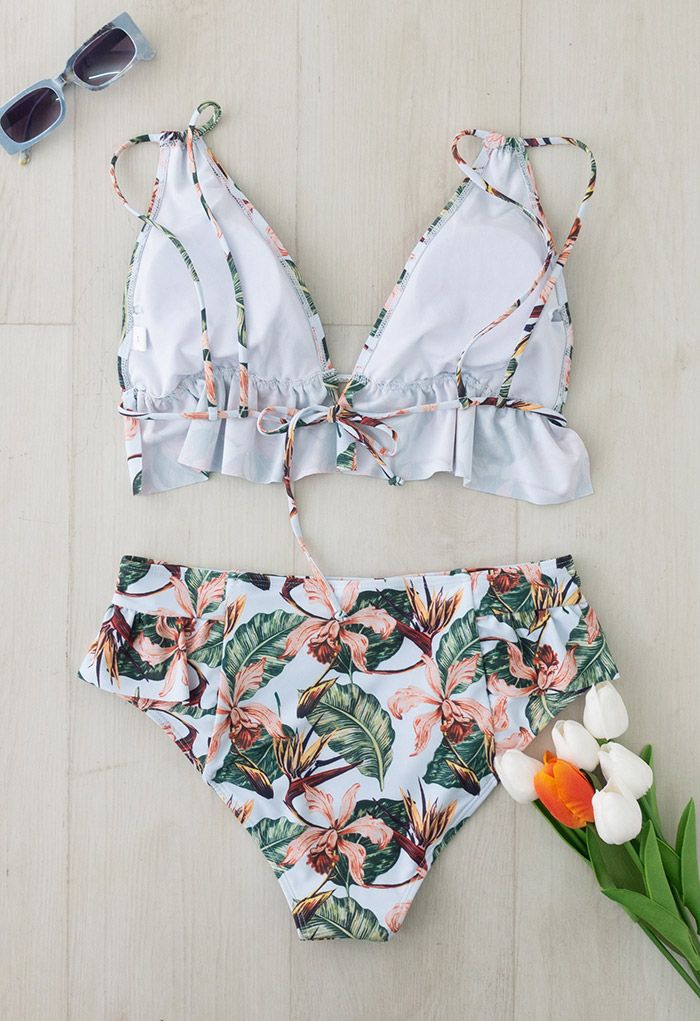 Tropical Print Ruffle Triangle Bikini Set