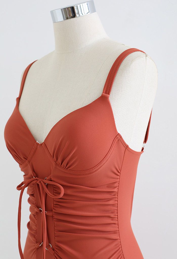 Ruched Lace-Up Front Open Back Swimsuit in Rust Red