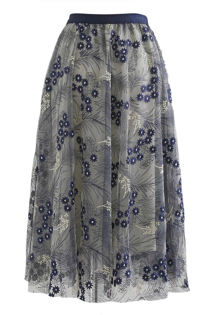 Divine Daisy Embroidered Mesh Tulle Skirt in Navy