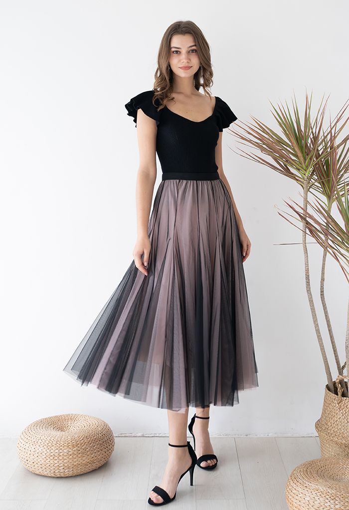 Mixture Color Panelled Tulle Maxi Skirt in Black